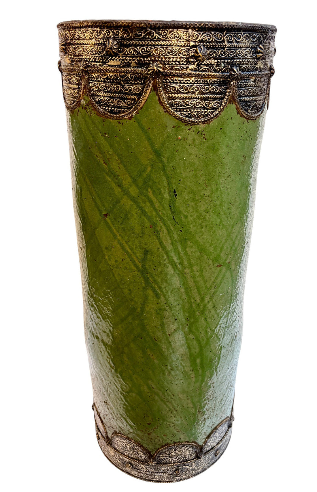 Olive Green Glazed Cylindrical Urn with Brass Filigree Metalwork