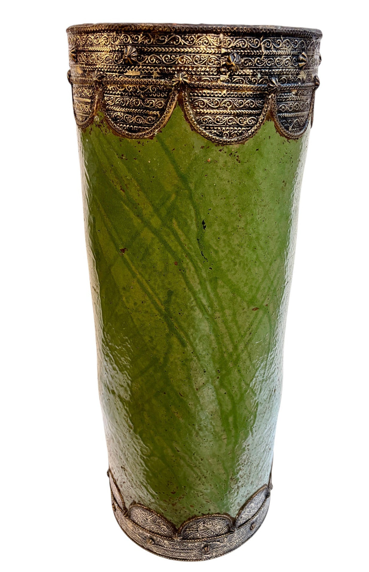 Olive Green Glazed Cylindrical Urn with Brass Filigree Metalwork