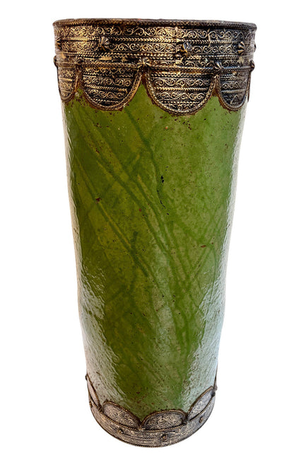 Olive Green Glazed Cylindrical Urn with Brass Filigree Metalwork