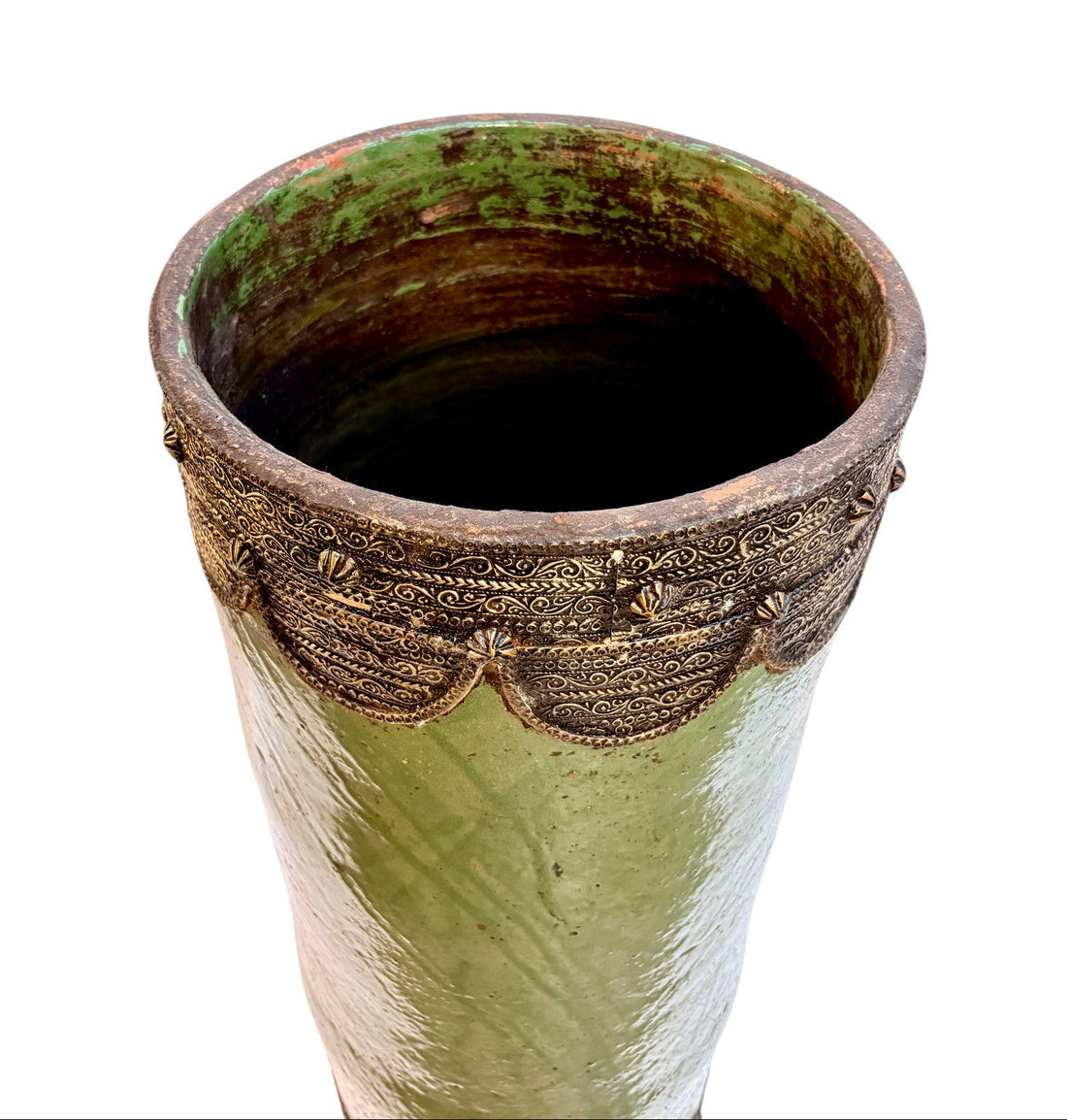 Olive Green Glazed Cylindrical Urn with Brass Filigree Metalwork