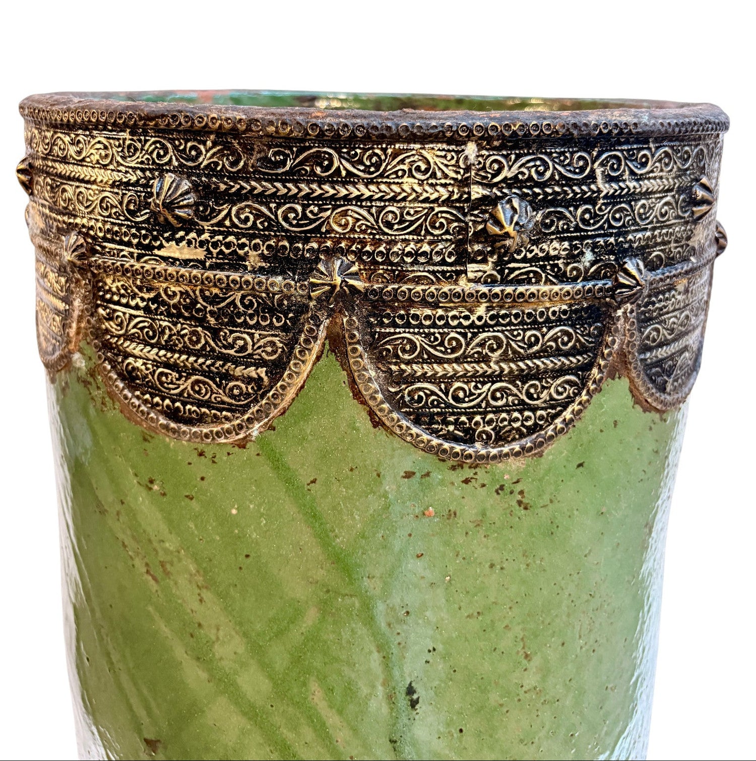Olive Green Glazed Cylindrical Urn with Brass Filigree Metalwork