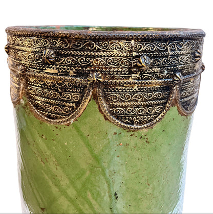 Olive Green Glazed Cylindrical Urn with Brass Filigree Metalwork
