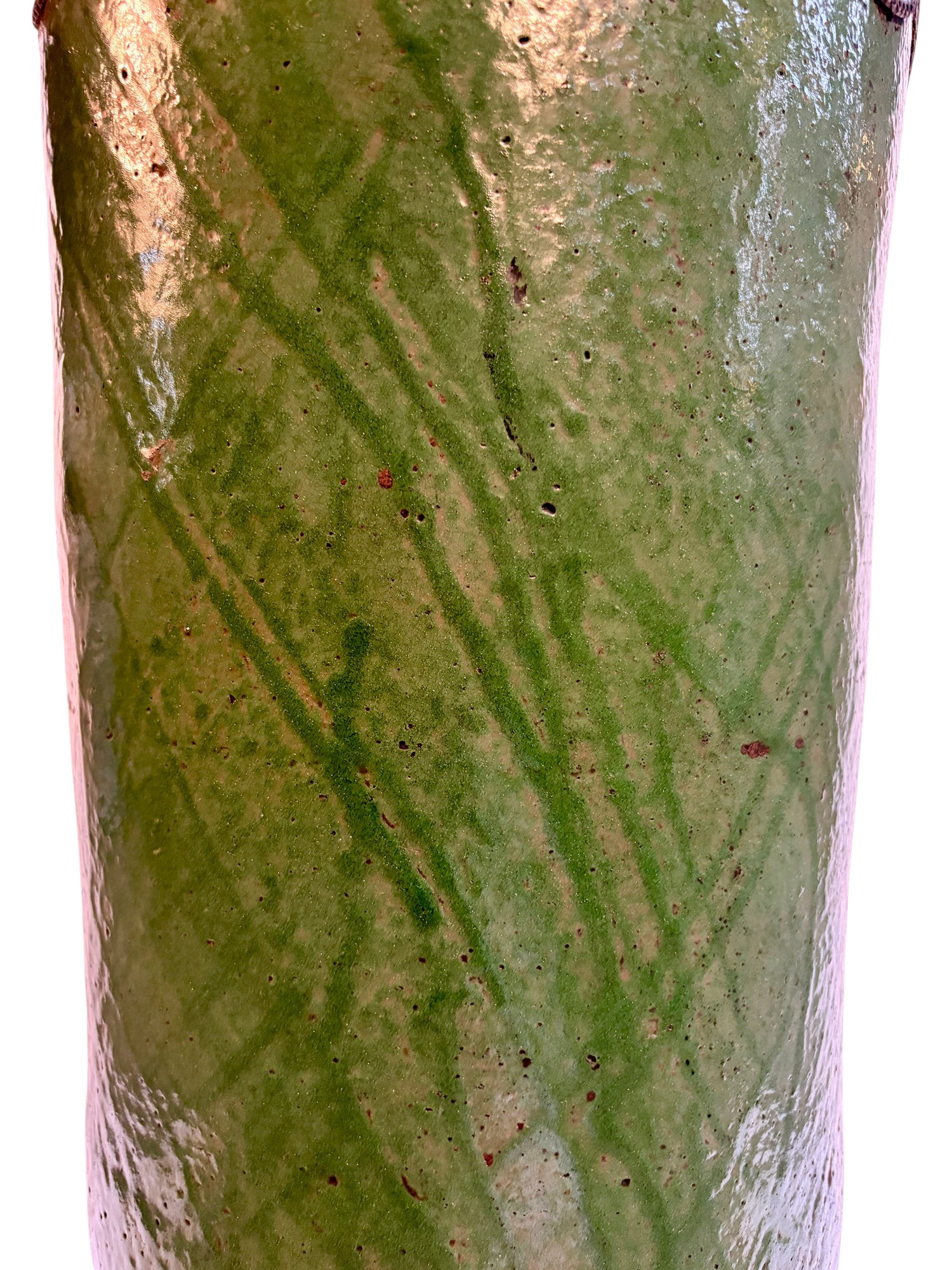 Olive Green Glazed Cylindrical Urn with Brass Filigree Metalwork