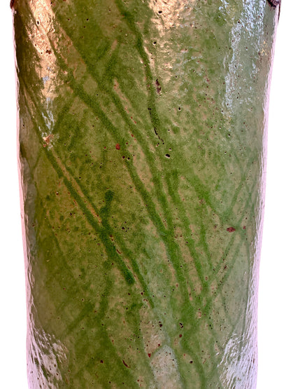 Olive Green Glazed Cylindrical Urn with Brass Filigree Metalwork