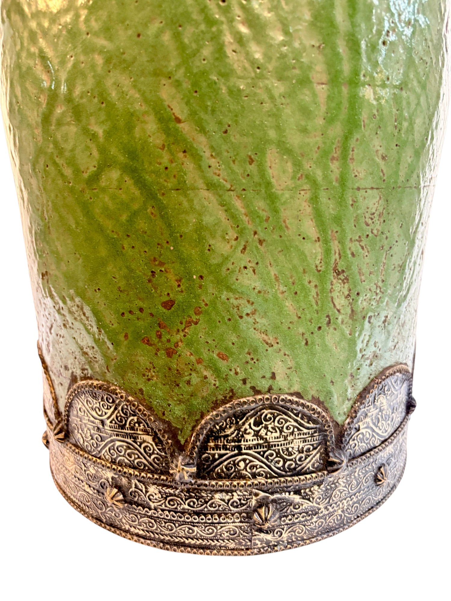 Olive Green Glazed Cylindrical Urn with Brass Filigree Metalwork