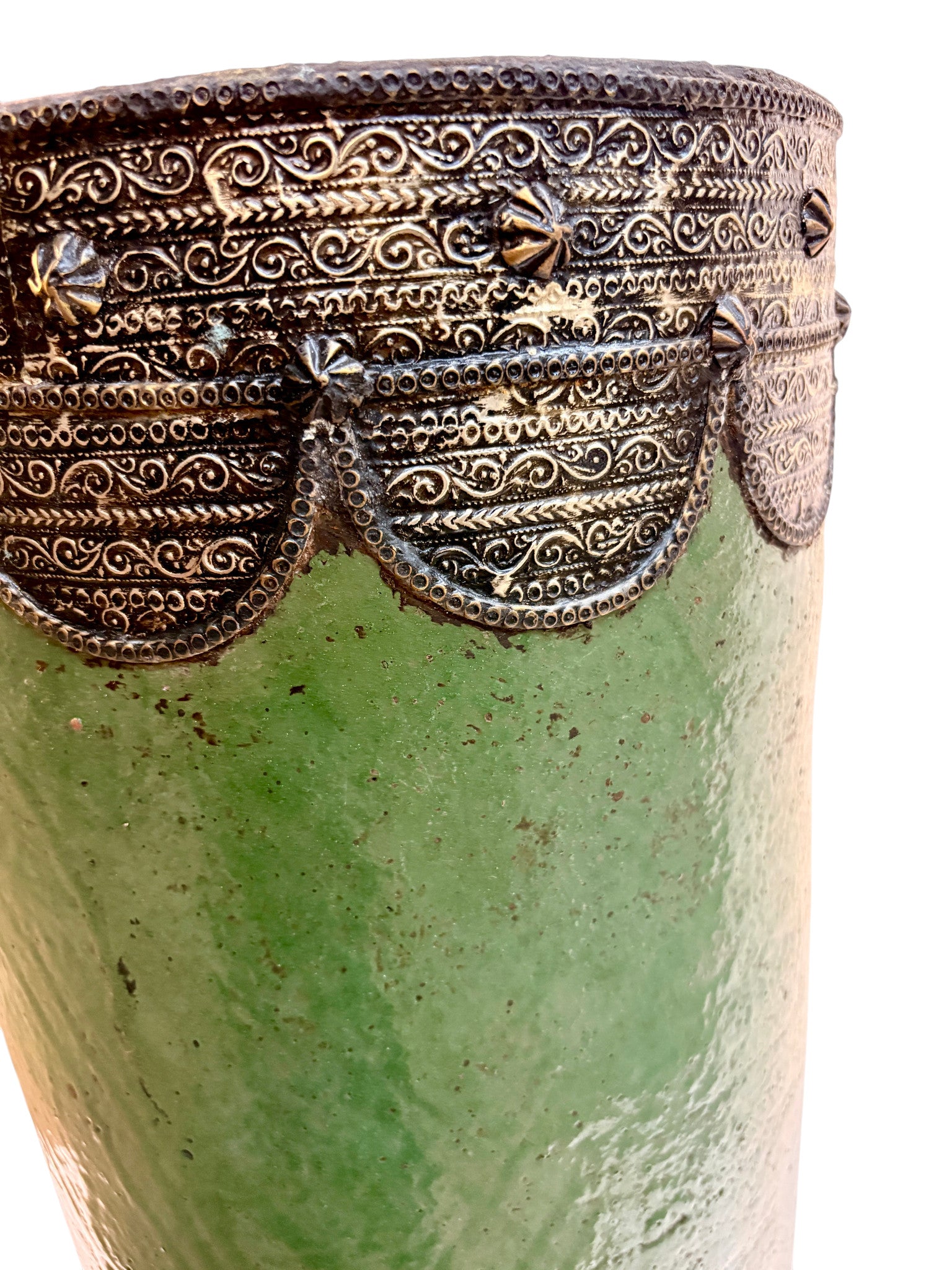 Olive Green Glazed Cylindrical Urn with Brass Filigree Metalwork