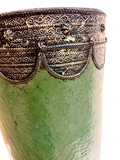 Olive Green Glazed Cylindrical Urn with Brass Filigree Metalwork
