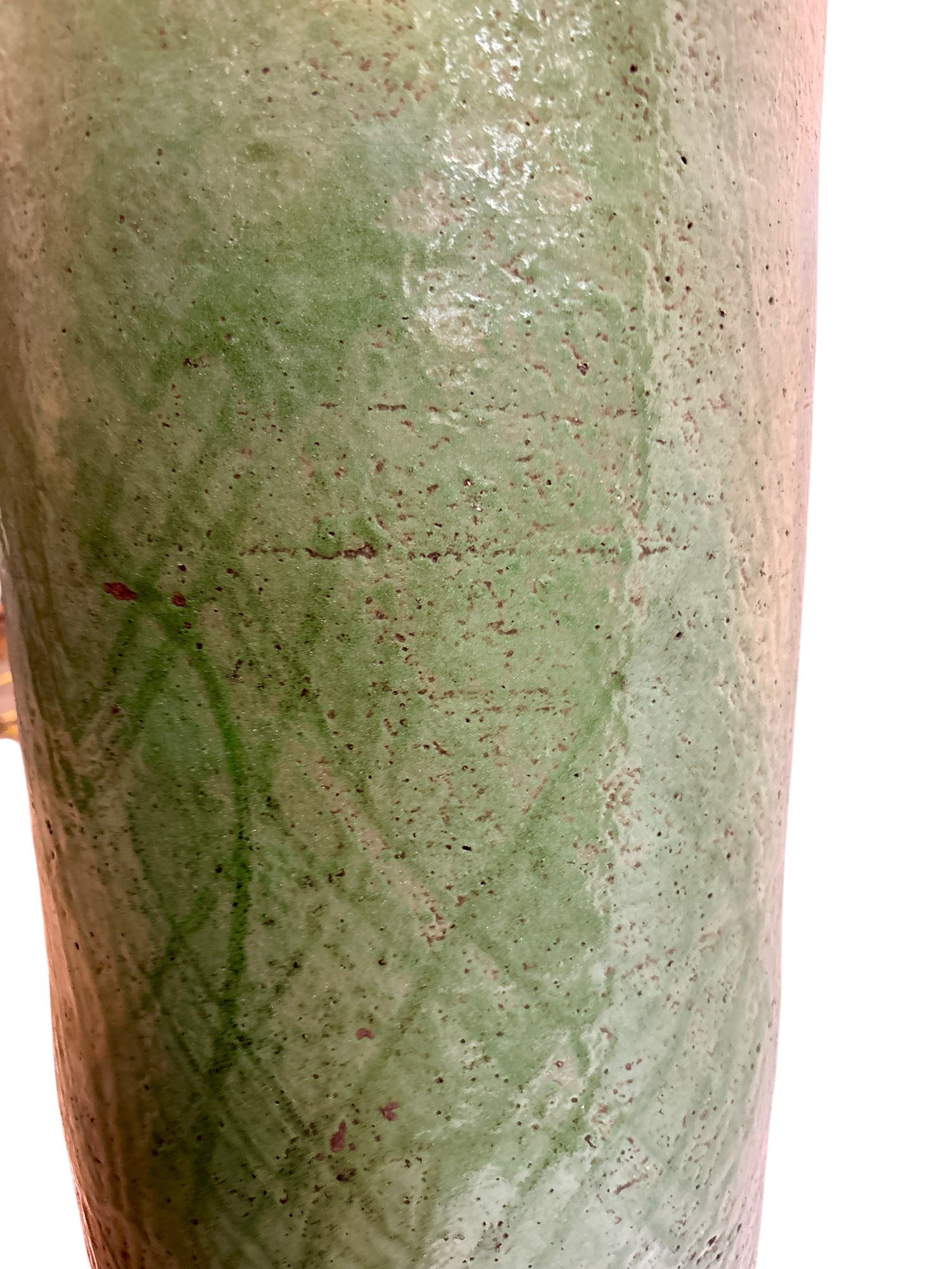 Olive Green Glazed Cylindrical Urn with Brass Filigree Metalwork