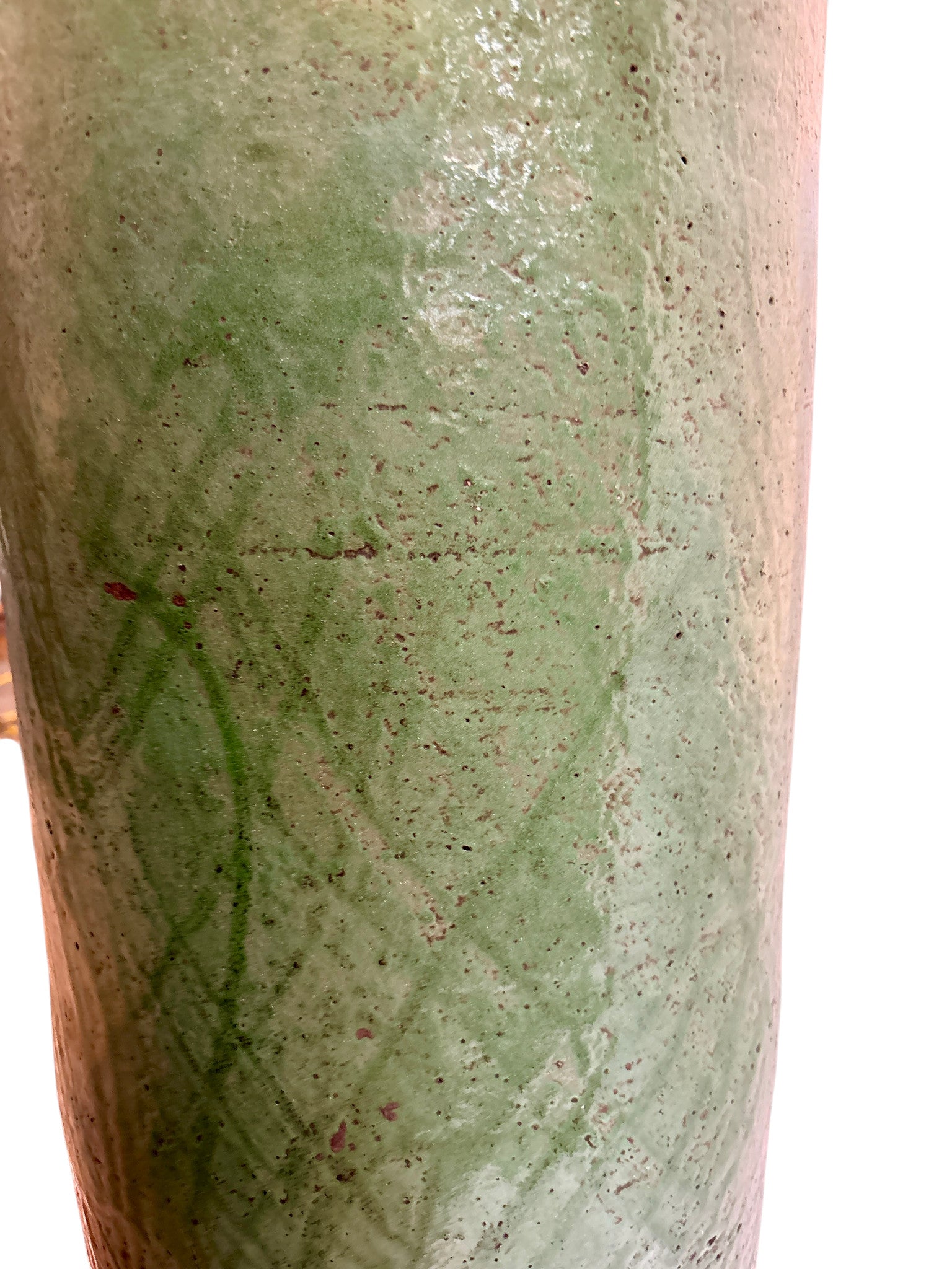 Olive Green Glazed Cylindrical Urn with Brass Filigree Metalwork