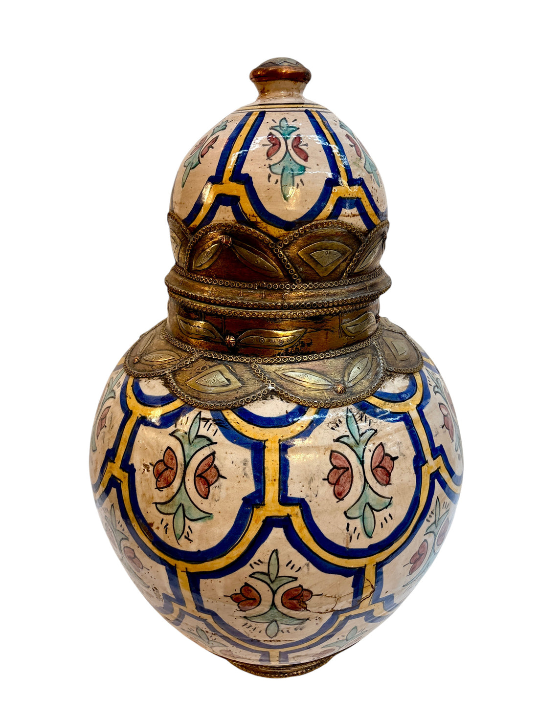 Moroccan Hand-Painted Double-Gourd Lidded Urn with Brass Metalwork