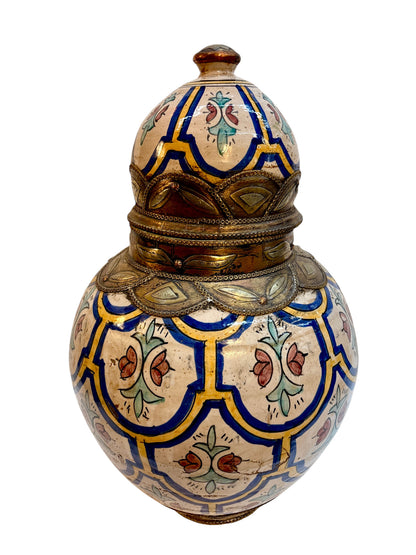 Moroccan Hand-Painted Double-Gourd Lidded Urn with Brass Metalwork