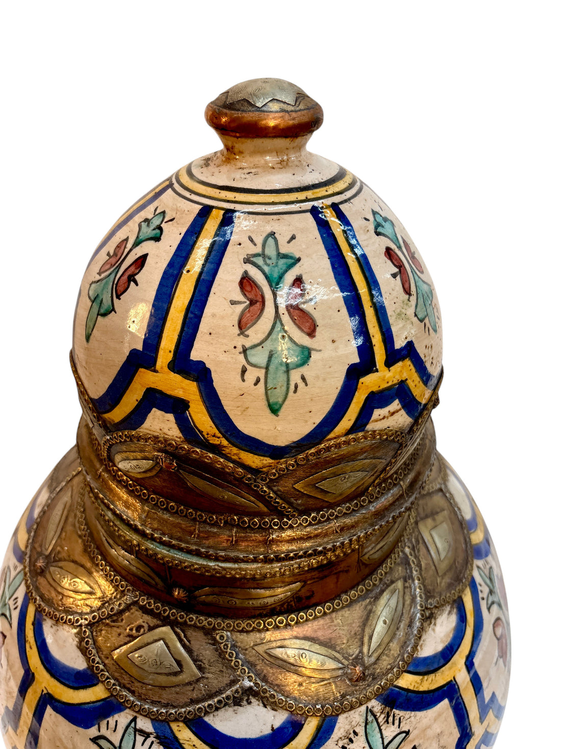 Moroccan Hand-Painted Double-Gourd Lidded Urn with Brass Metalwork