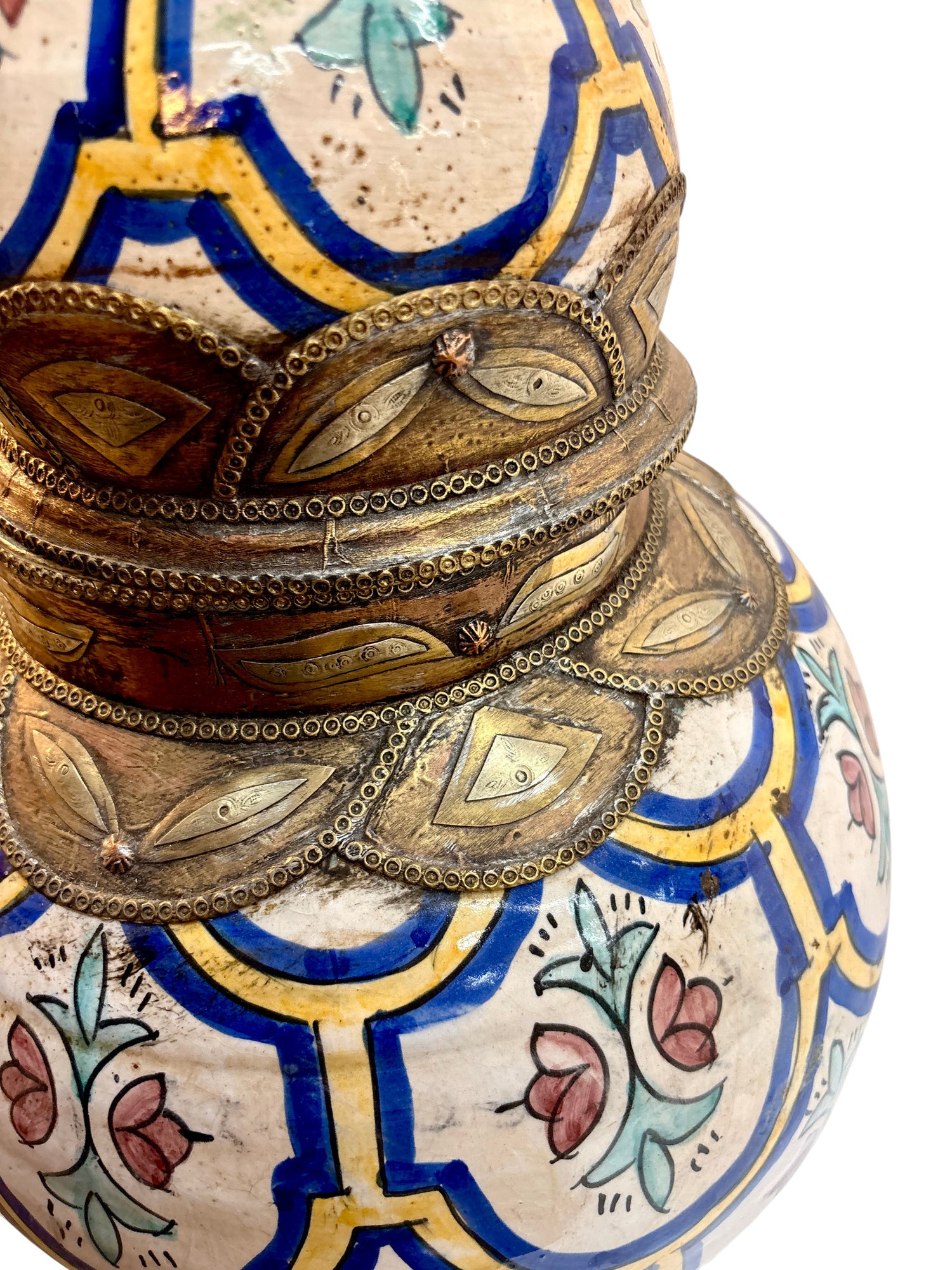 Moroccan Hand-Painted Double-Gourd Lidded Urn with Brass Metalwork