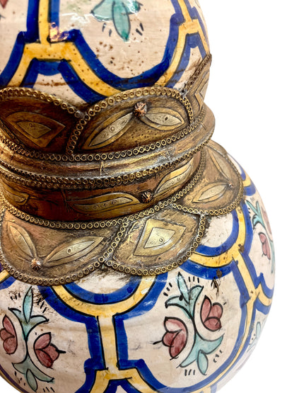 Moroccan Hand-Painted Double-Gourd Lidded Urn with Brass Metalwork