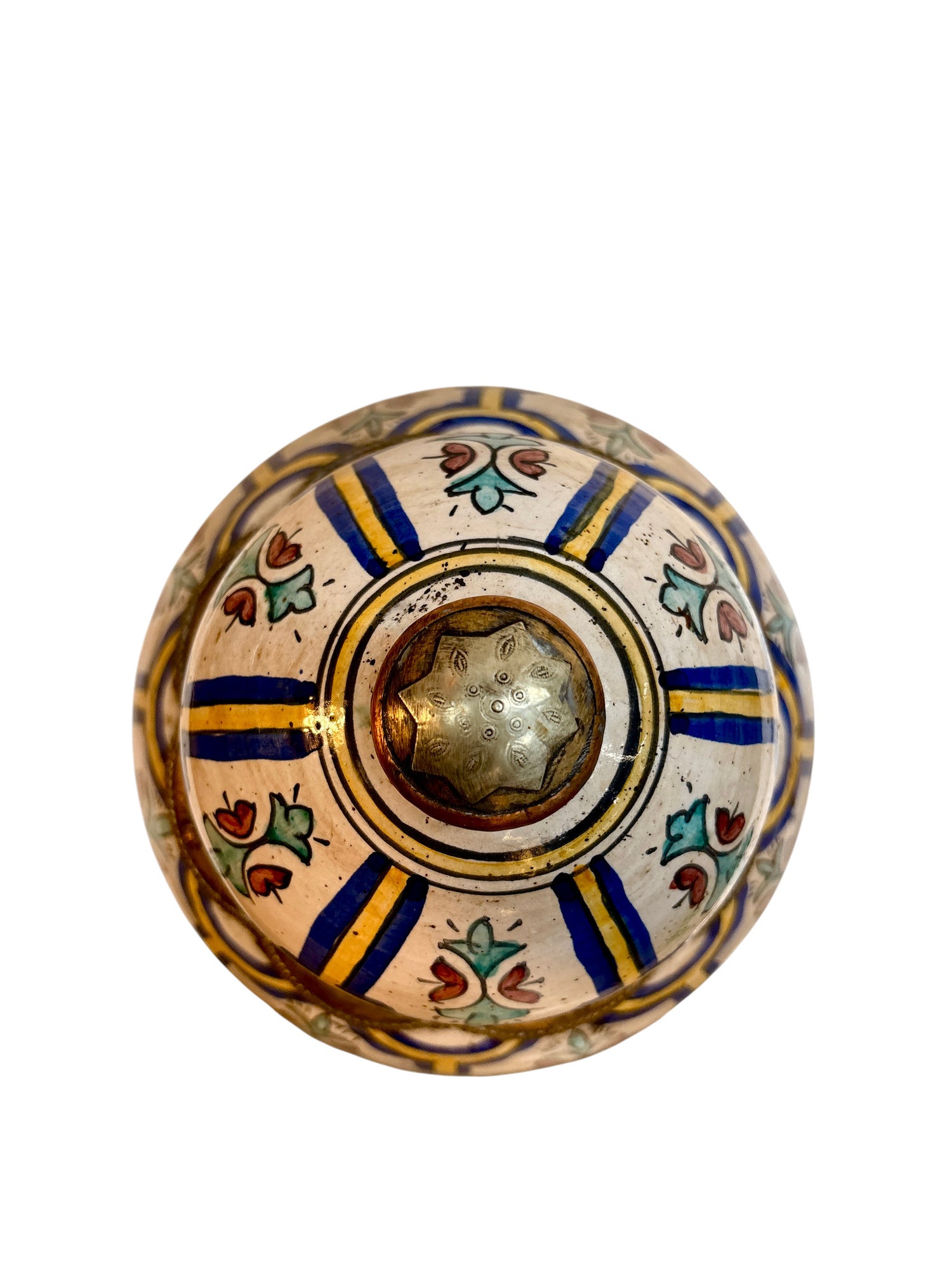 Moroccan Hand-Painted Double-Gourd Lidded Urn with Brass Metalwork