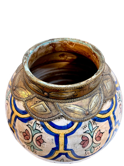 Moroccan Hand-Painted Double-Gourd Lidded Urn with Brass Metalwork