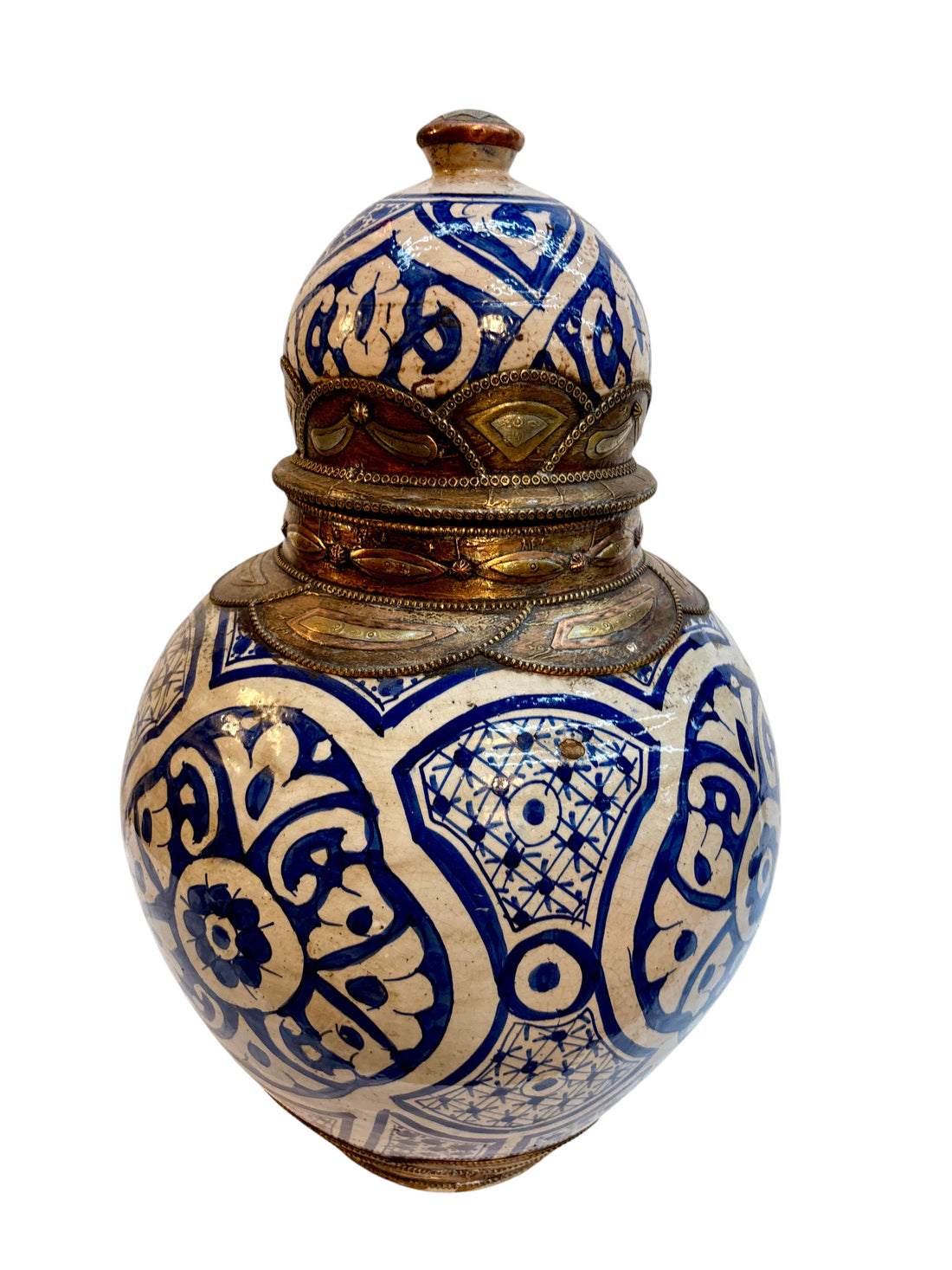 Moroccan Hand-Painted Blue &amp; White Double-Gourd Lidded Urn with Filigree Brass