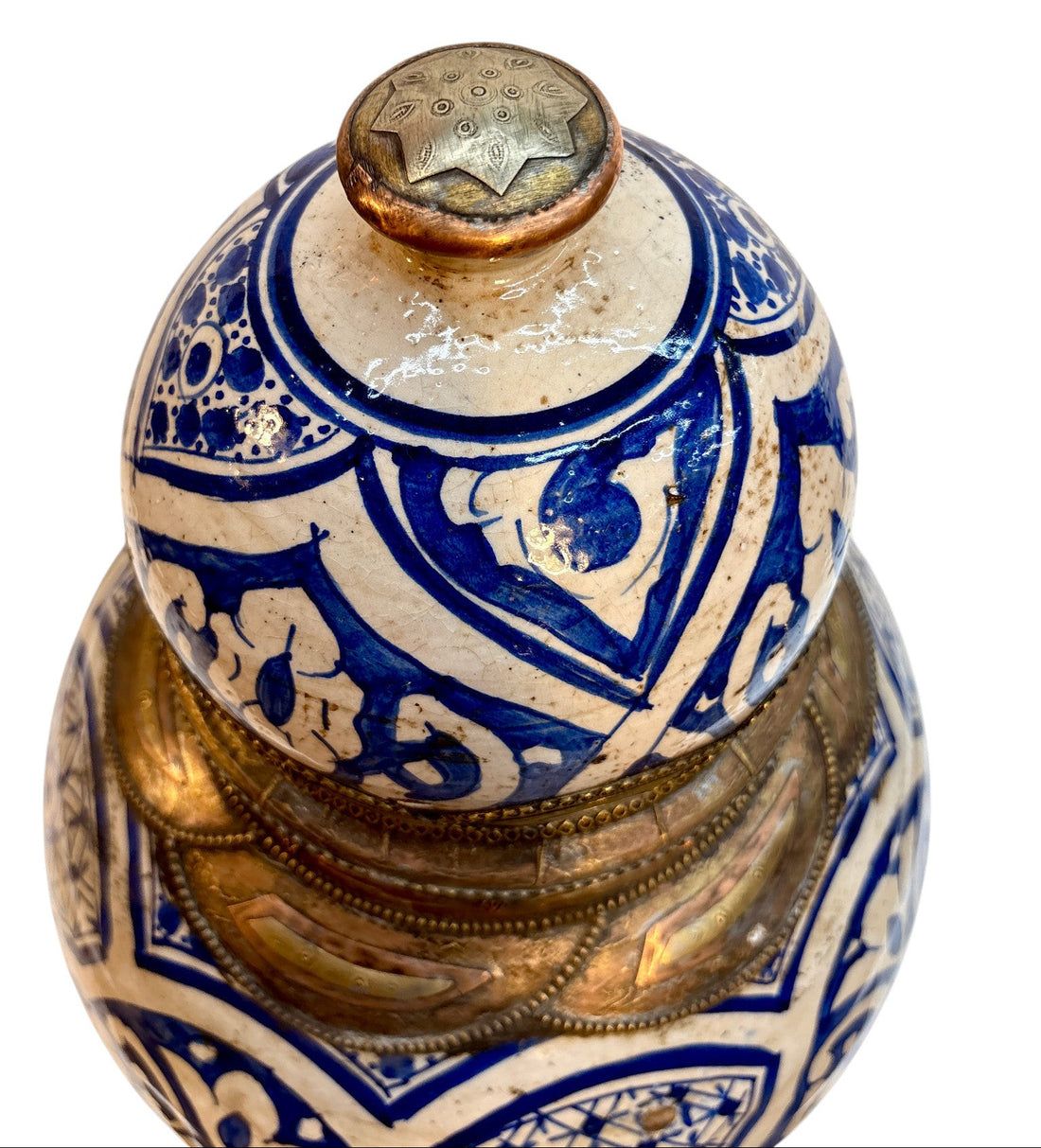 Moroccan Hand-Painted Blue &amp; White Double-Gourd Lidded Urn with Filigree Brass