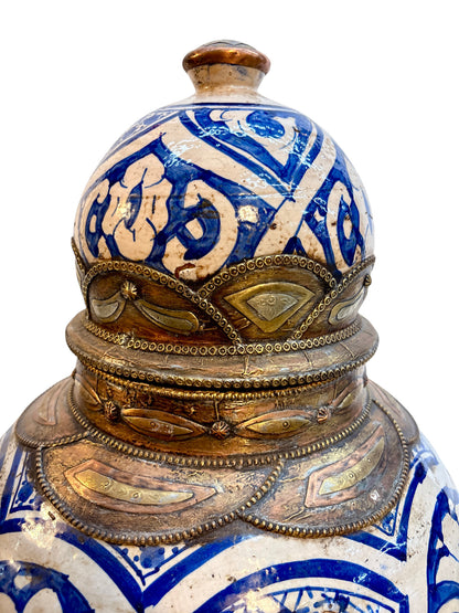 Moroccan Hand-Painted Blue &amp; White Double-Gourd Lidded Urn with Filigree Brass