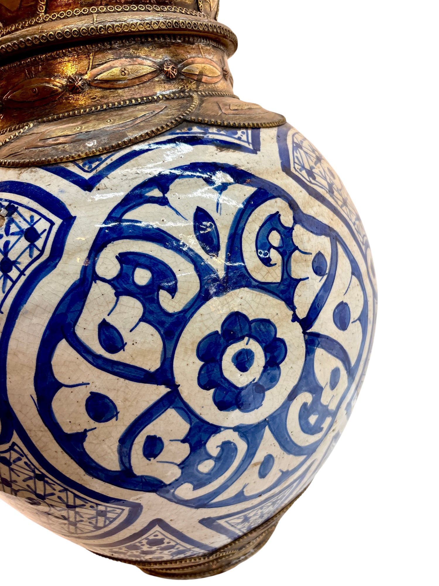 Moroccan Hand-Painted Blue &amp; White Double-Gourd Lidded Urn with Filigree Brass