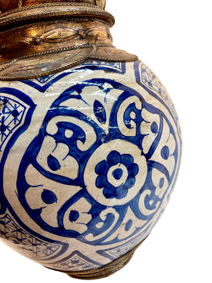Moroccan Hand-Painted Blue &amp; White Double-Gourd Lidded Urn with Filigree Brass