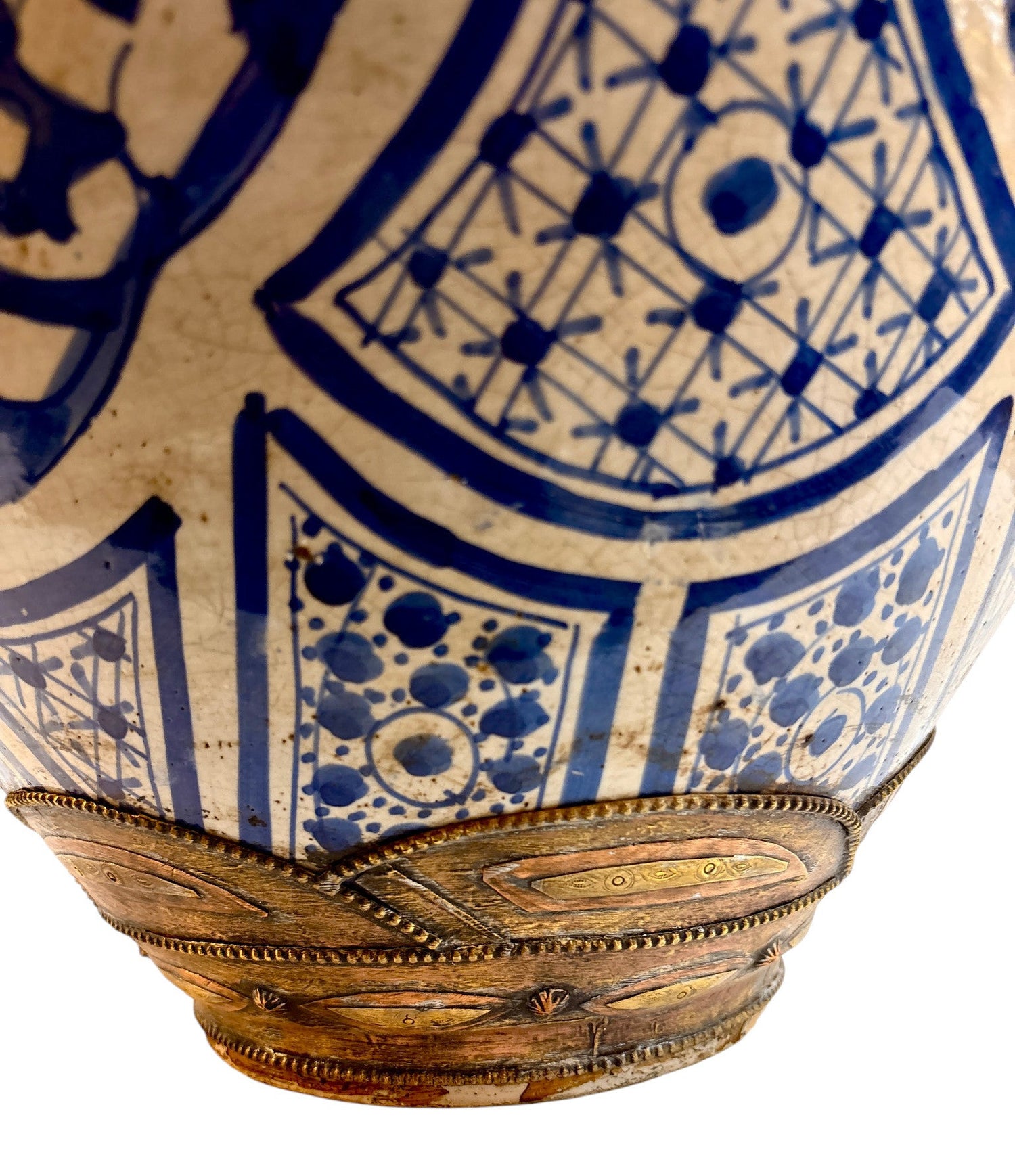 Moroccan Hand-Painted Blue &amp; White Double-Gourd Lidded Urn with Filigree Brass