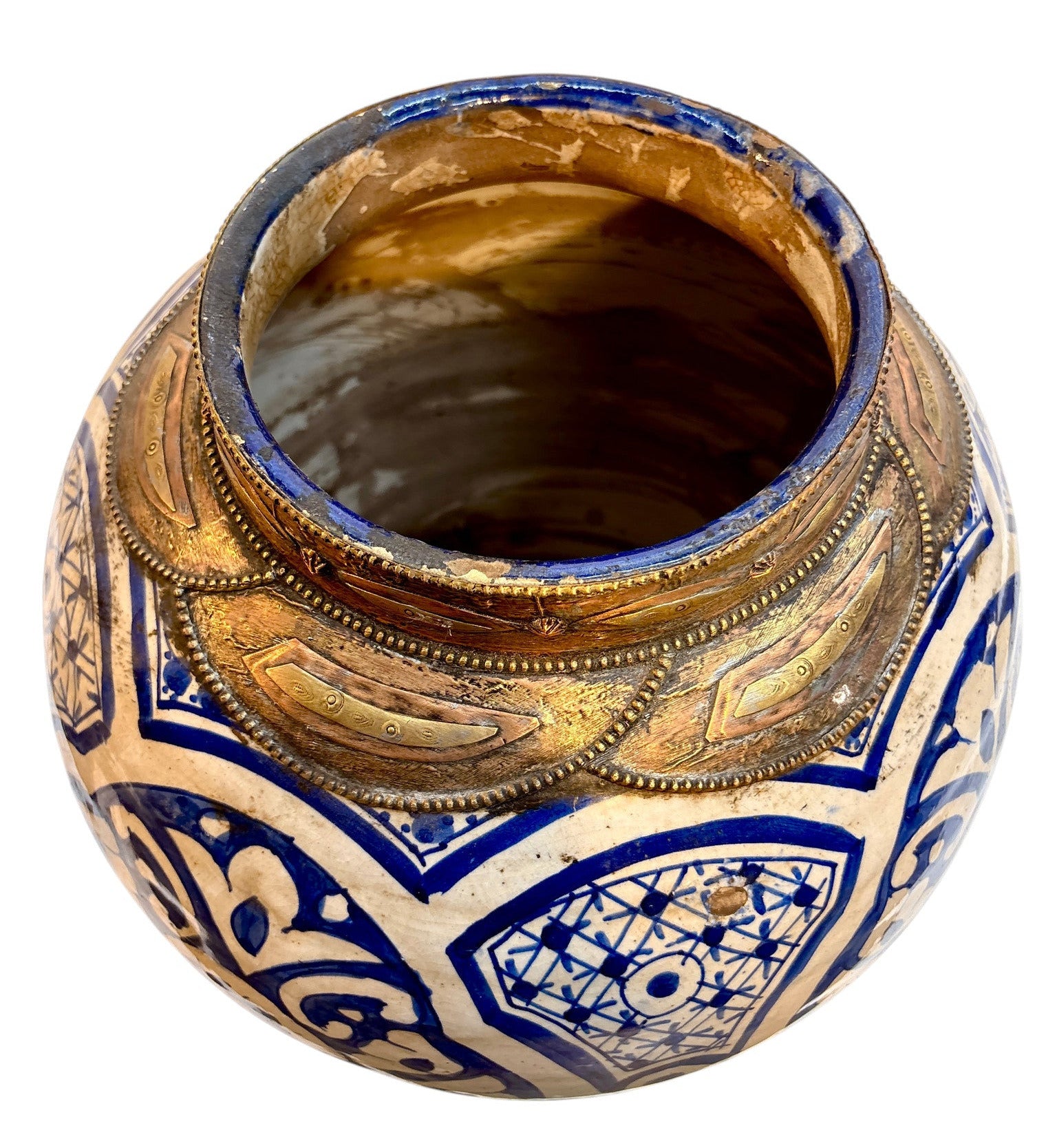 Moroccan Hand-Painted Blue &amp; White Double-Gourd Lidded Urn with Filigree Brass