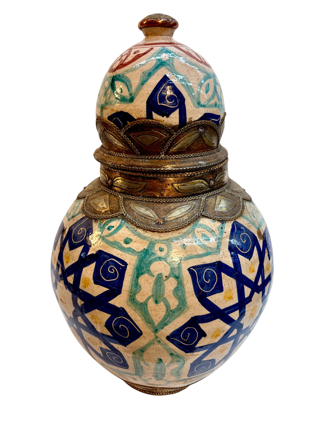 Moroccan Hand-Painted Double-Gourd Lidded Urn with Brass &amp; Silvered Collar