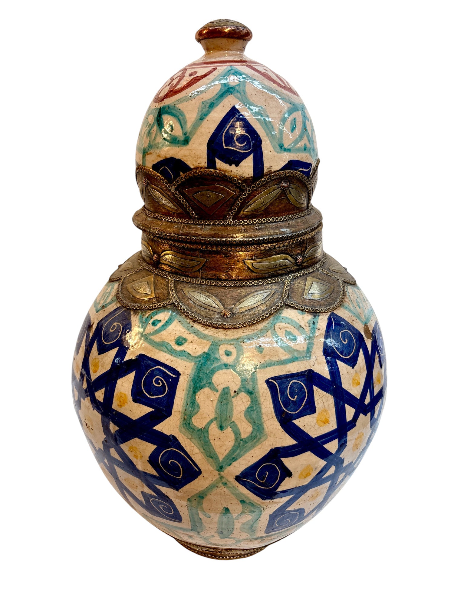 Moroccan Hand-Painted Double-Gourd Lidded Urn with Brass &amp; Silvered Collar