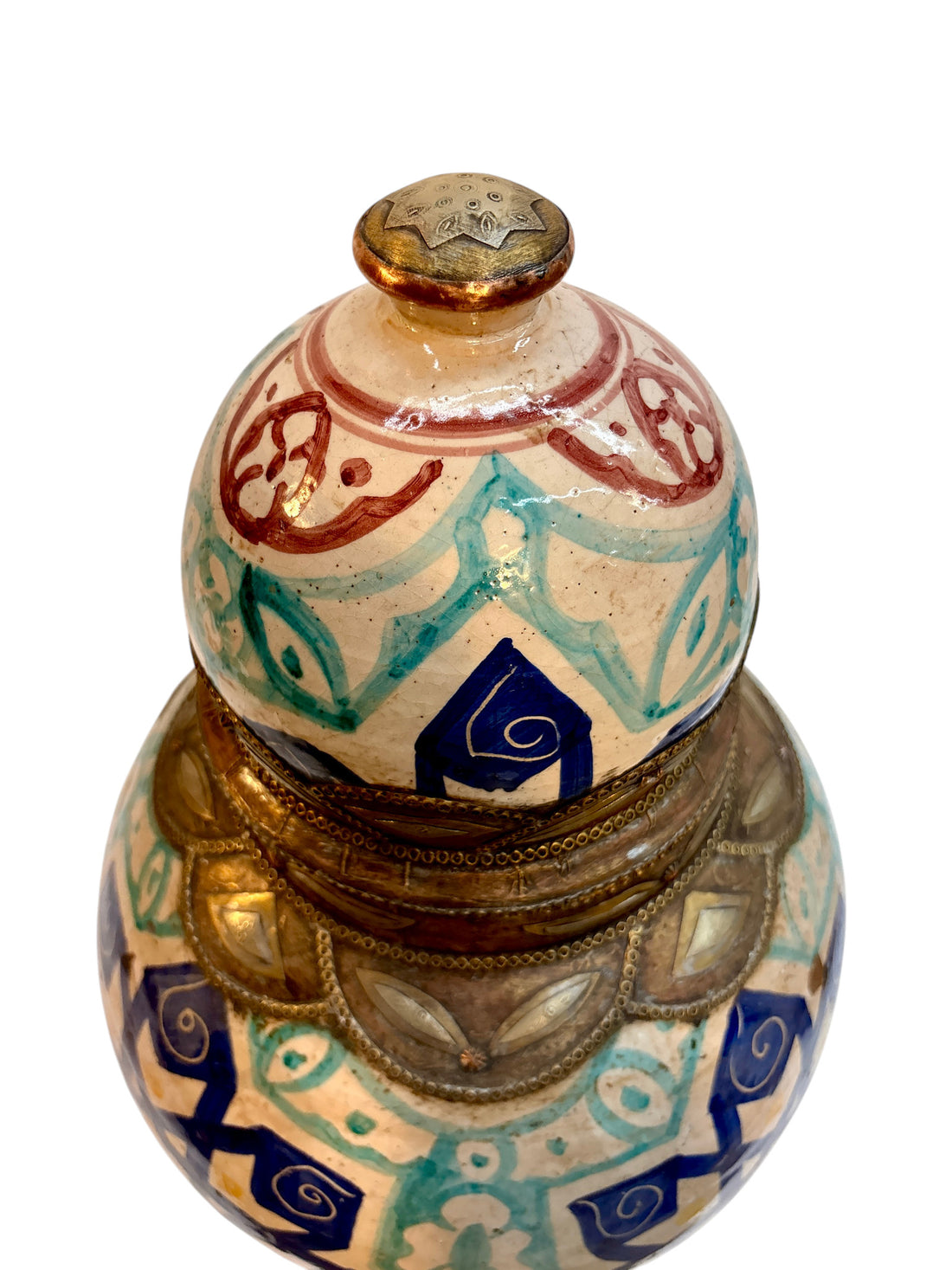 Moroccan Hand-Painted Double-Gourd Lidded Urn with Brass &amp; Silvered Collar