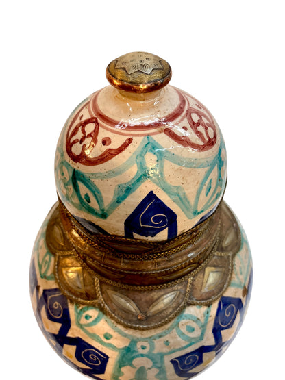 Moroccan Hand-Painted Double-Gourd Lidded Urn with Brass &amp; Silvered Collar