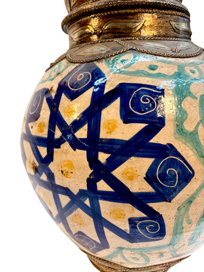 Moroccan Hand-Painted Double-Gourd Lidded Urn with Brass &amp; Silvered Collar