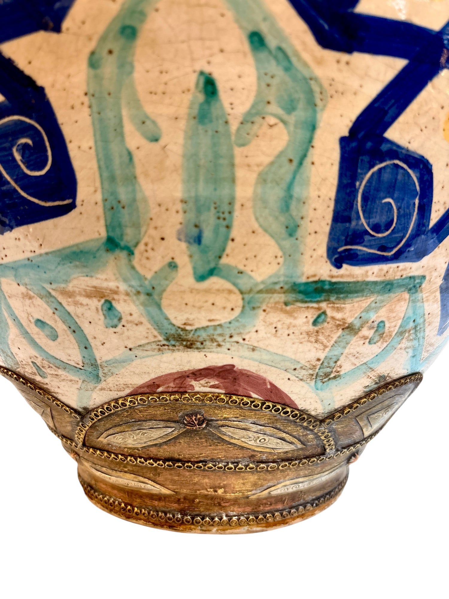 Moroccan Hand-Painted Double-Gourd Lidded Urn with Brass &amp; Silvered Collar