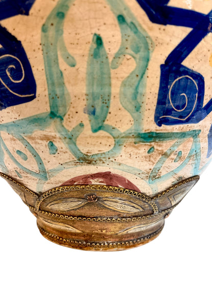 Moroccan Hand-Painted Double-Gourd Lidded Urn with Brass &amp; Silvered Collar