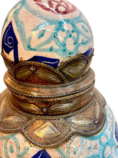 Moroccan Hand-Painted Double-Gourd Lidded Urn with Brass &amp; Silvered Collar