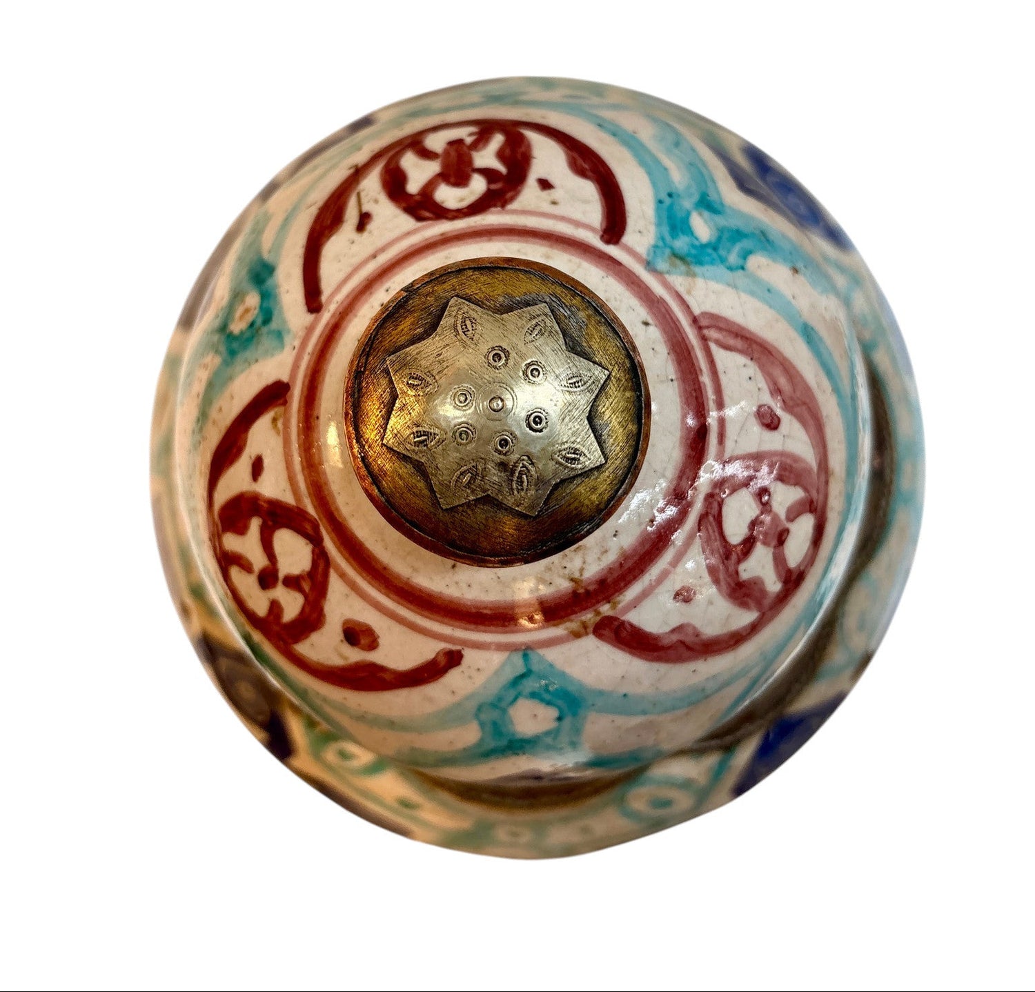 Moroccan Hand-Painted Double-Gourd Lidded Urn with Brass &amp; Silvered Collar