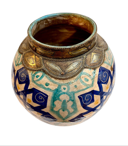 Moroccan Hand-Painted Double-Gourd Lidded Urn with Brass &amp; Silvered Collar