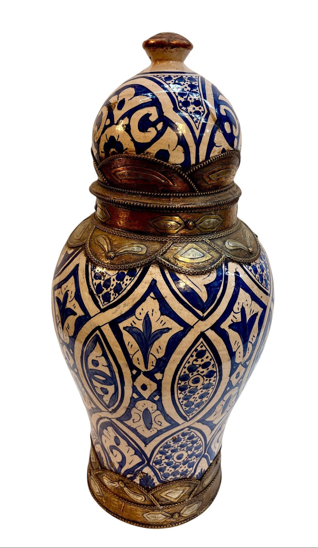 Moroccan Hand-Painted Blue &amp; White Lidded Urn with Brass &amp; Silvered Metalwork