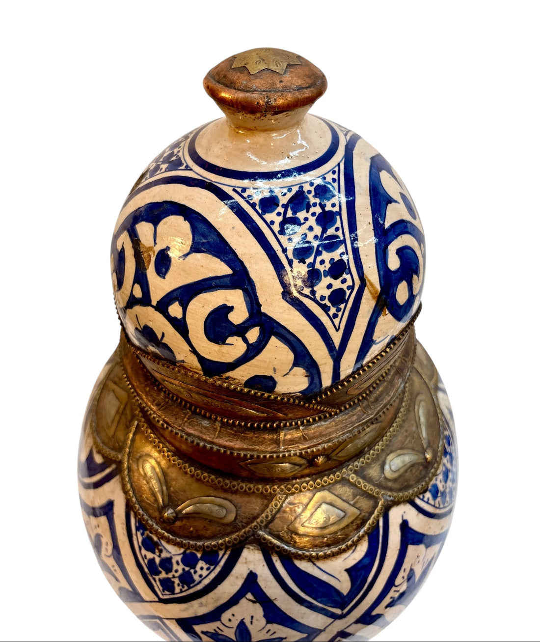 Moroccan Hand-Painted Blue &amp; White Lidded Urn with Brass &amp; Silvered Metalwork