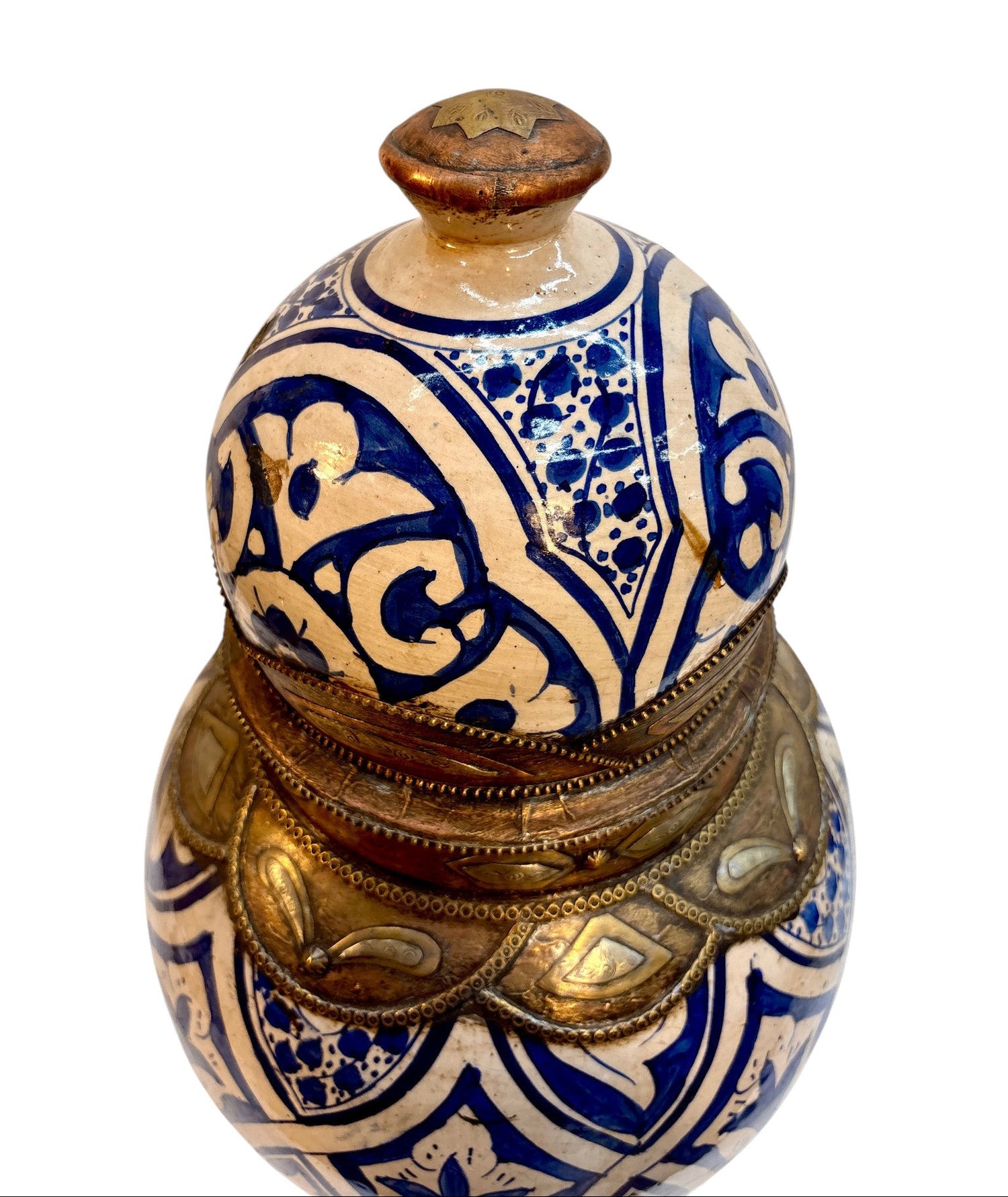 Moroccan Hand-Painted Blue &amp; White Lidded Urn with Brass &amp; Silvered Metalwork