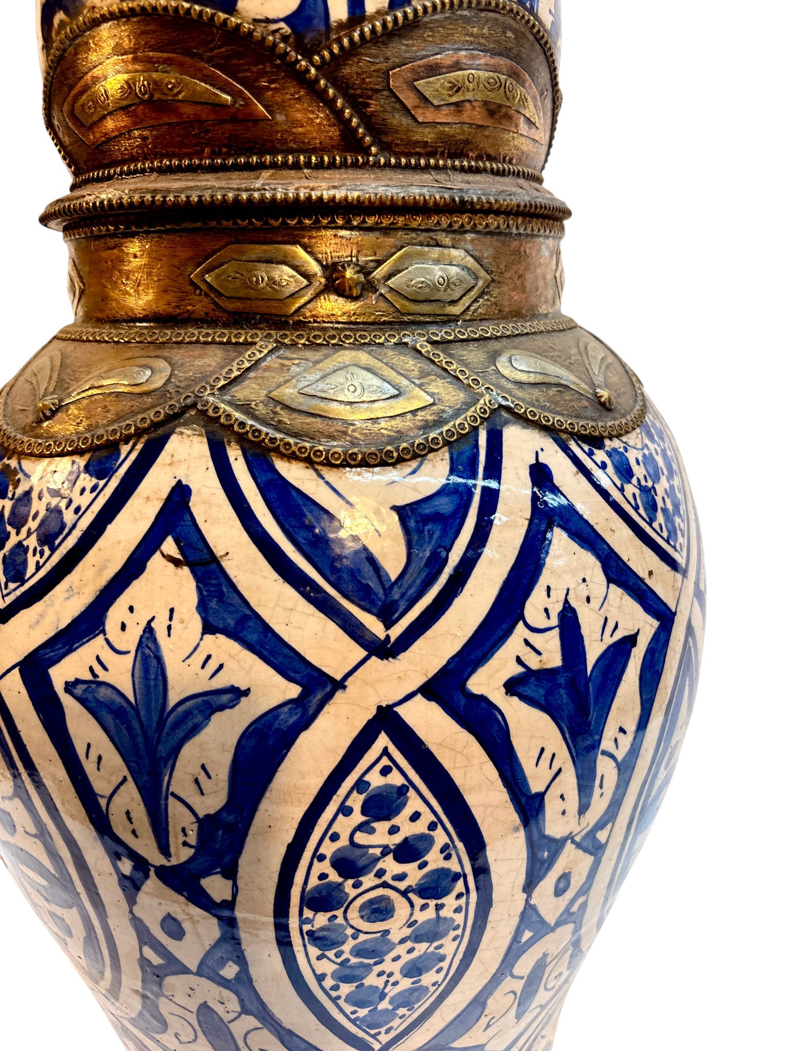 Moroccan Hand-Painted Blue &amp; White Lidded Urn with Brass &amp; Silvered Metalwork