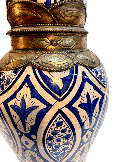 Moroccan Hand-Painted Blue &amp; White Lidded Urn with Brass &amp; Silvered Metalwork