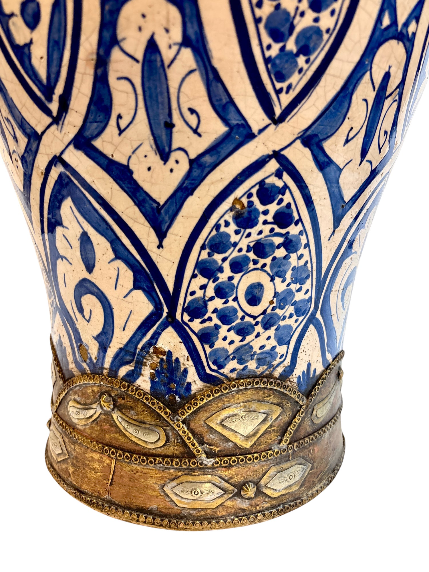 Moroccan Hand-Painted Blue &amp; White Lidded Urn with Brass &amp; Silvered Metalwork