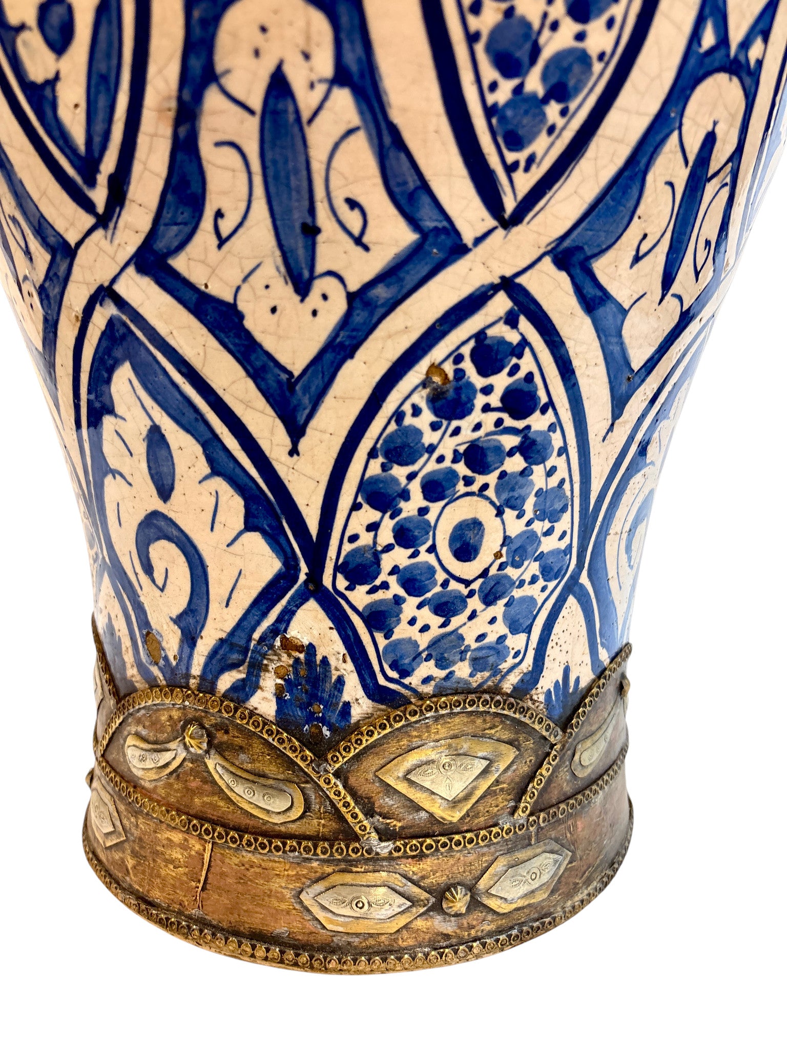 Moroccan Hand-Painted Blue &amp; White Lidded Urn with Brass &amp; Silvered Metalwork