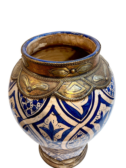 Moroccan Hand-Painted Blue &amp; White Lidded Urn with Brass &amp; Silvered Metalwork