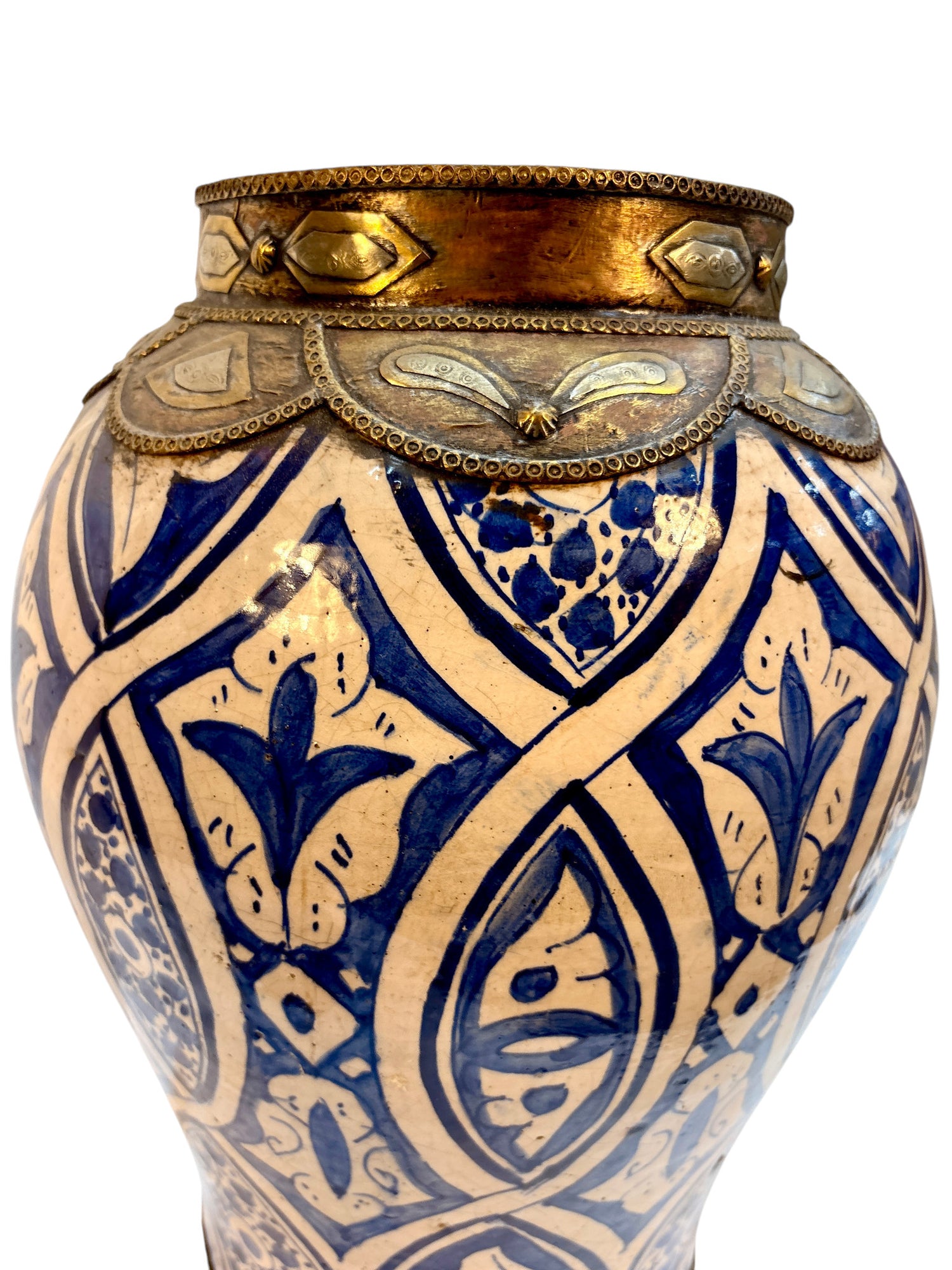Moroccan Hand-Painted Blue &amp; White Lidded Urn with Brass &amp; Silvered Metalwork