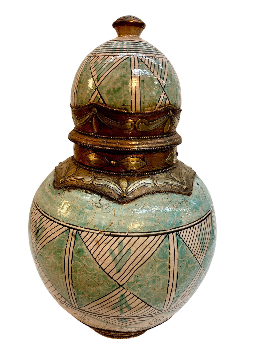 Hand-Painted Green &amp; Ivory Double-Gourd Lidded Urn with Brass Metalwork