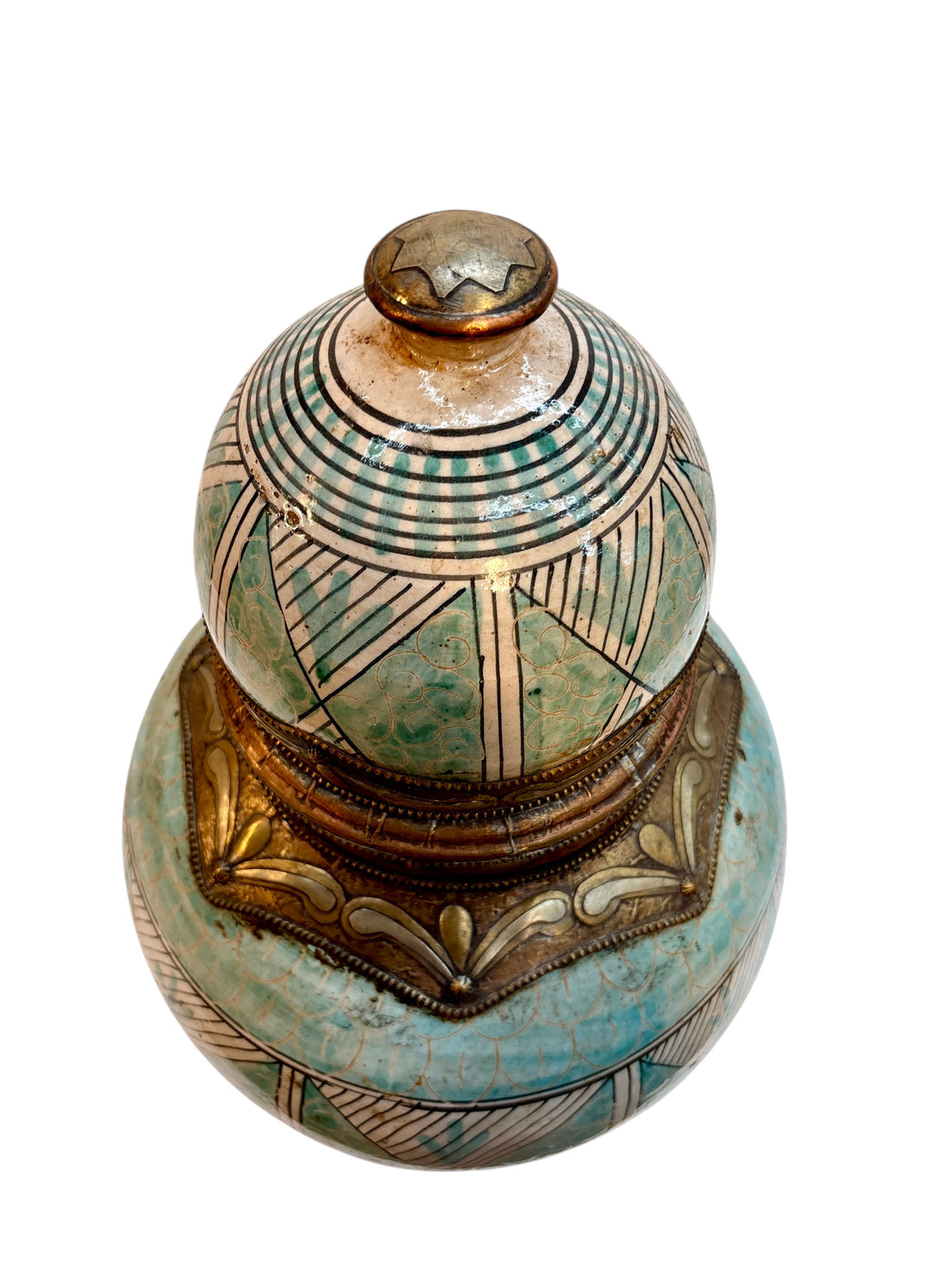 Hand-Painted Green &amp; Ivory Double-Gourd Lidded Urn with Brass Metalwork