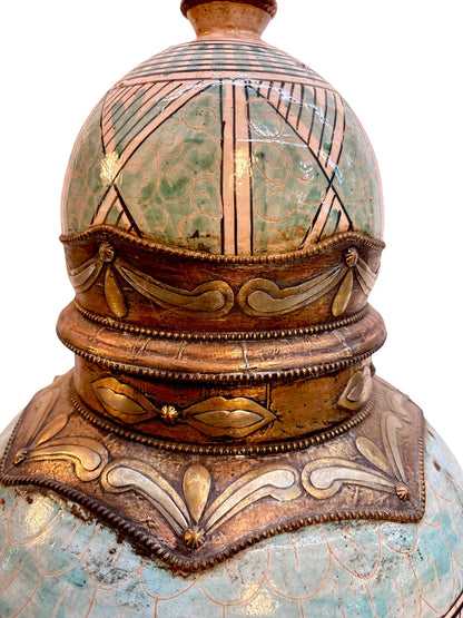 Hand-Painted Green &amp; Ivory Double-Gourd Lidded Urn with Brass Metalwork