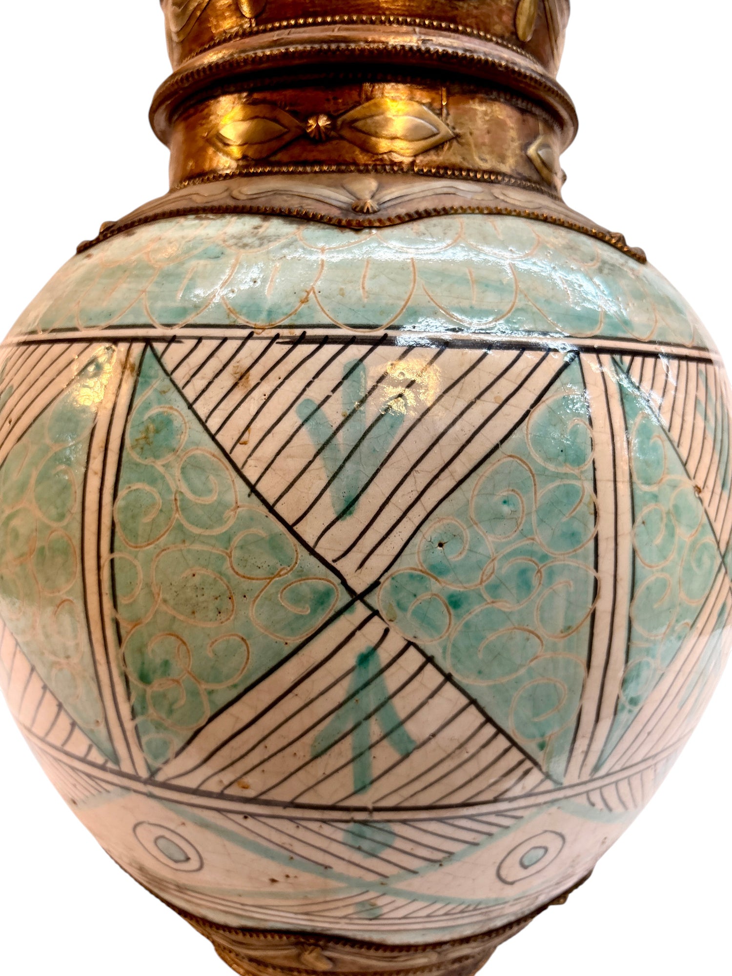 Hand-Painted Green &amp; Ivory Double-Gourd Lidded Urn with Brass Metalwork